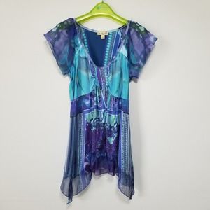 Live and let live Womens Top PM Petite Medium Blue Purple Butterfly Cap Sleeve